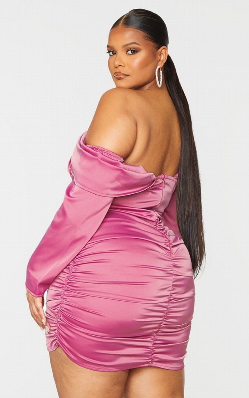 Pink Pretty Little Thing Plus Satin Drape Bardot Sleeve Ruched Back Bodycon Dresses | HKUOZJM-10