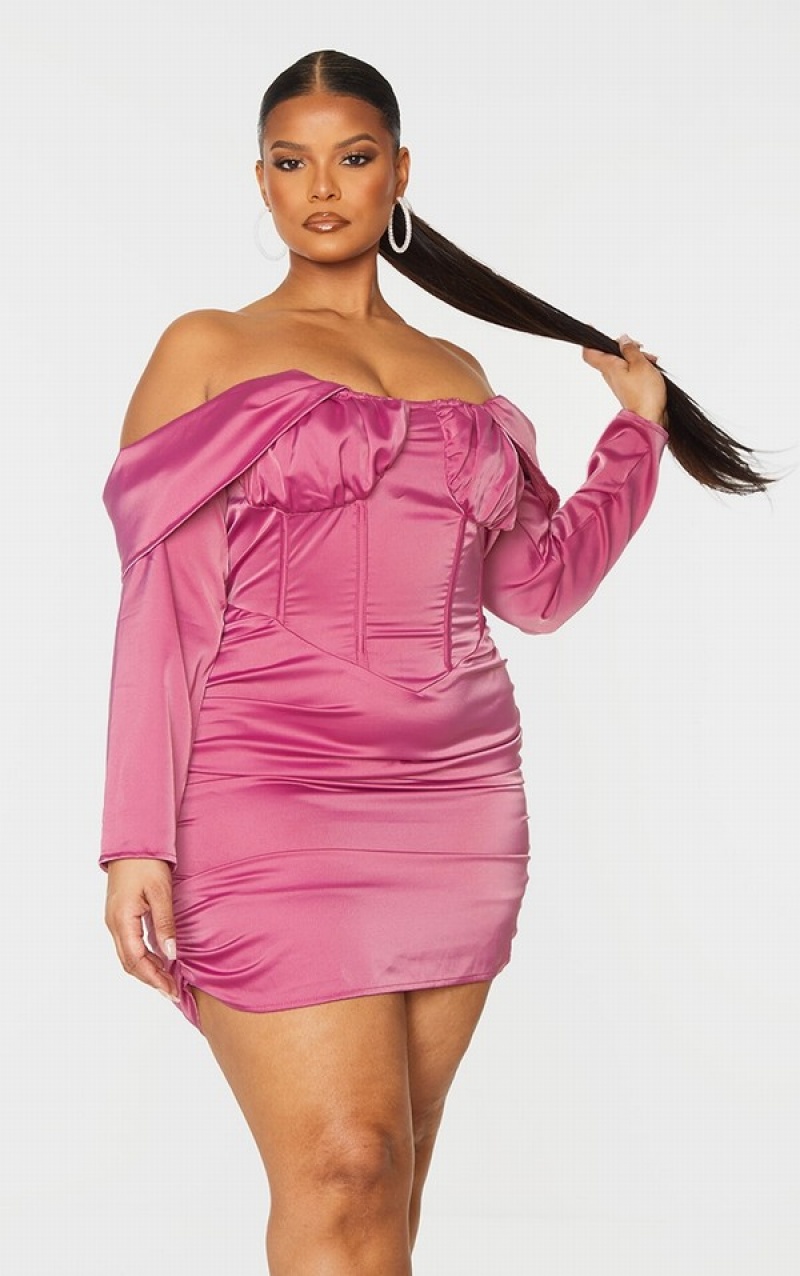 Pink Pretty Little Thing Plus Satin Drape Bardot Sleeve Ruched Back Bodycon Dresses | HKUOZJM-10