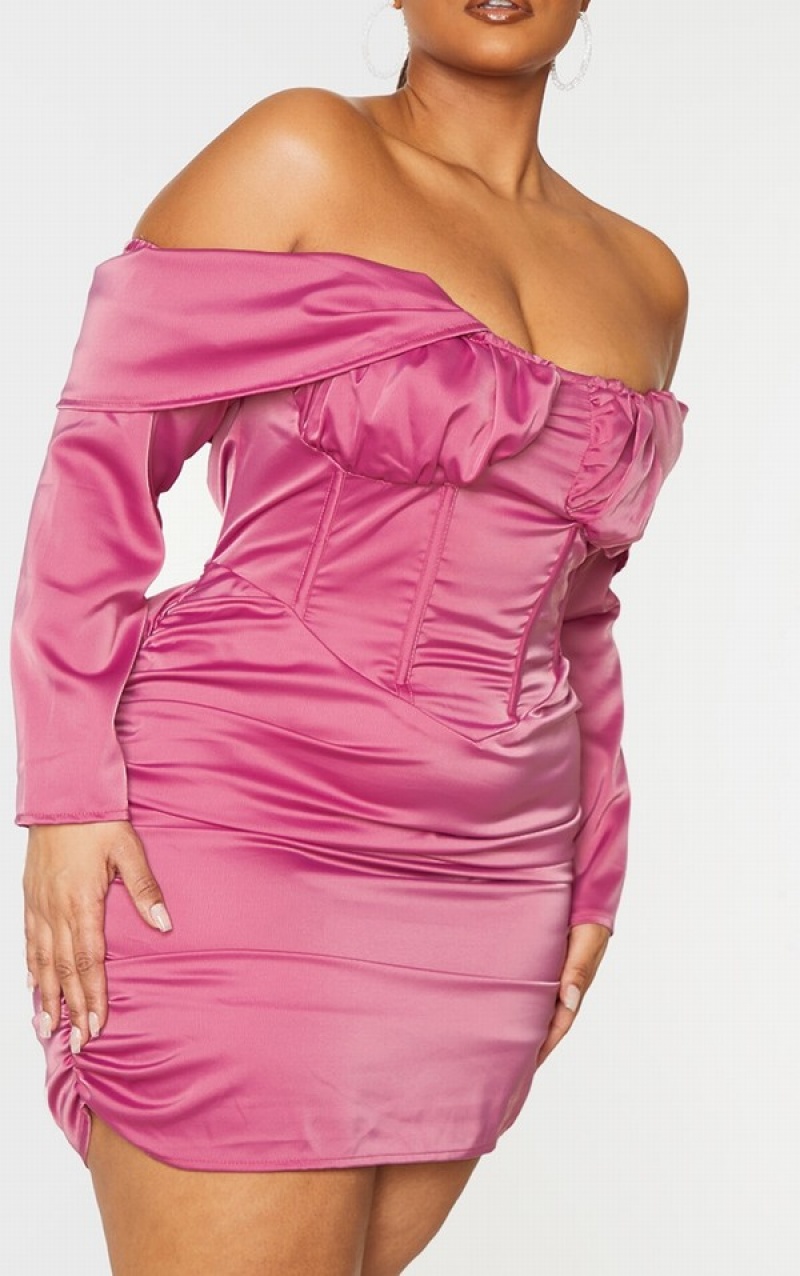 Pink Pretty Little Thing Plus Satin Drape Bardot Sleeve Ruched Back Bodycon Dresses | HKUOZJM-10