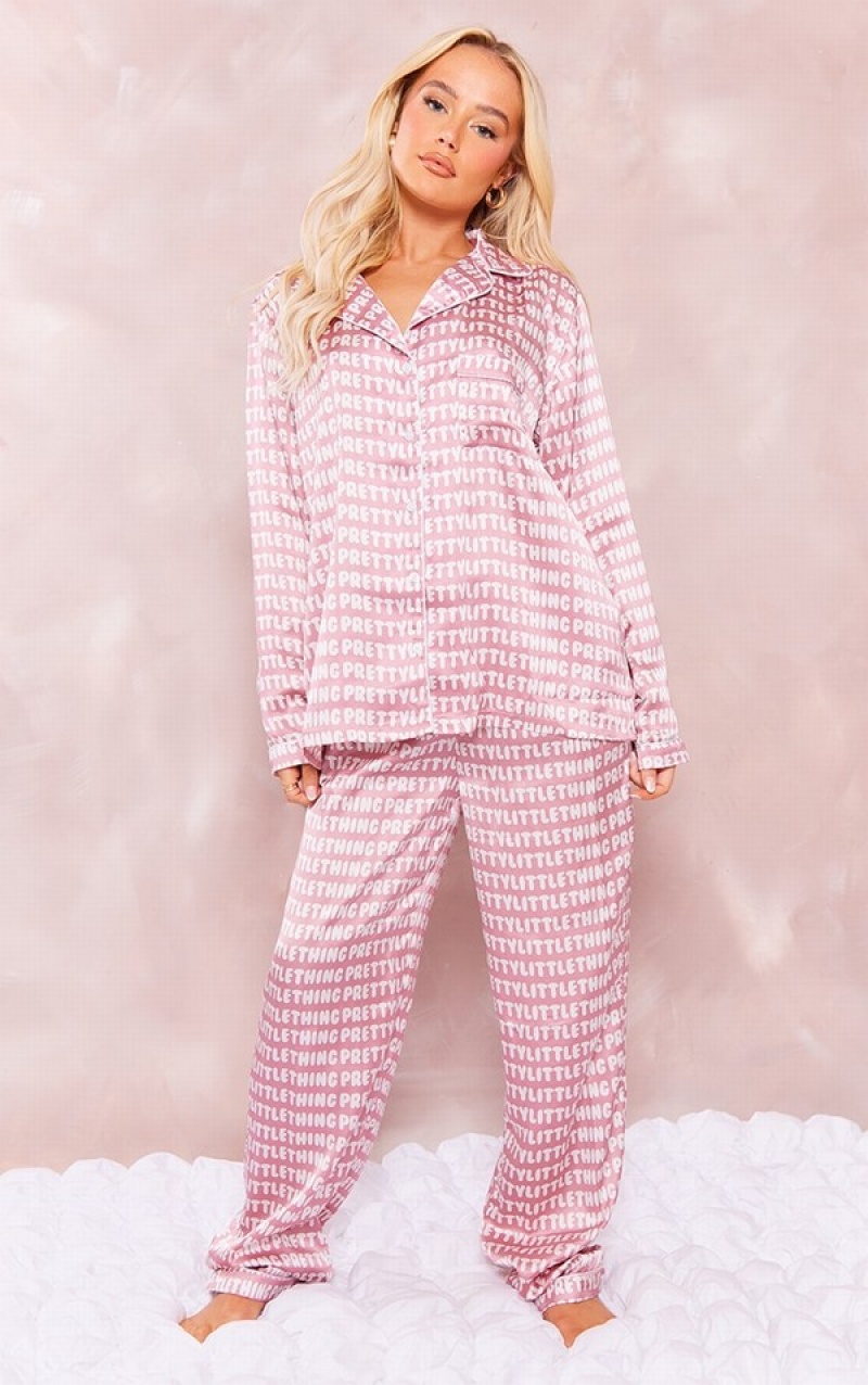 Pink Pretty Little Thing Satin Printed Piping Long Sleepwear | KCRXDTA-50