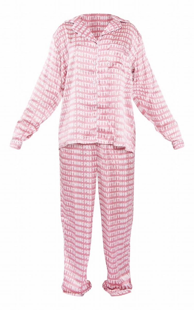 Pink Pretty Little Thing Satin Printed Piping Long Sleepwear | KCRXDTA-50