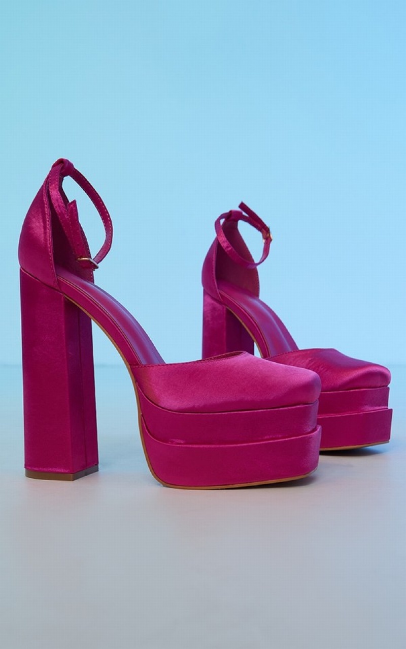 Pink Pretty Little Thing Satin Square Toe Double Platform Heels | XUTWVGK-26