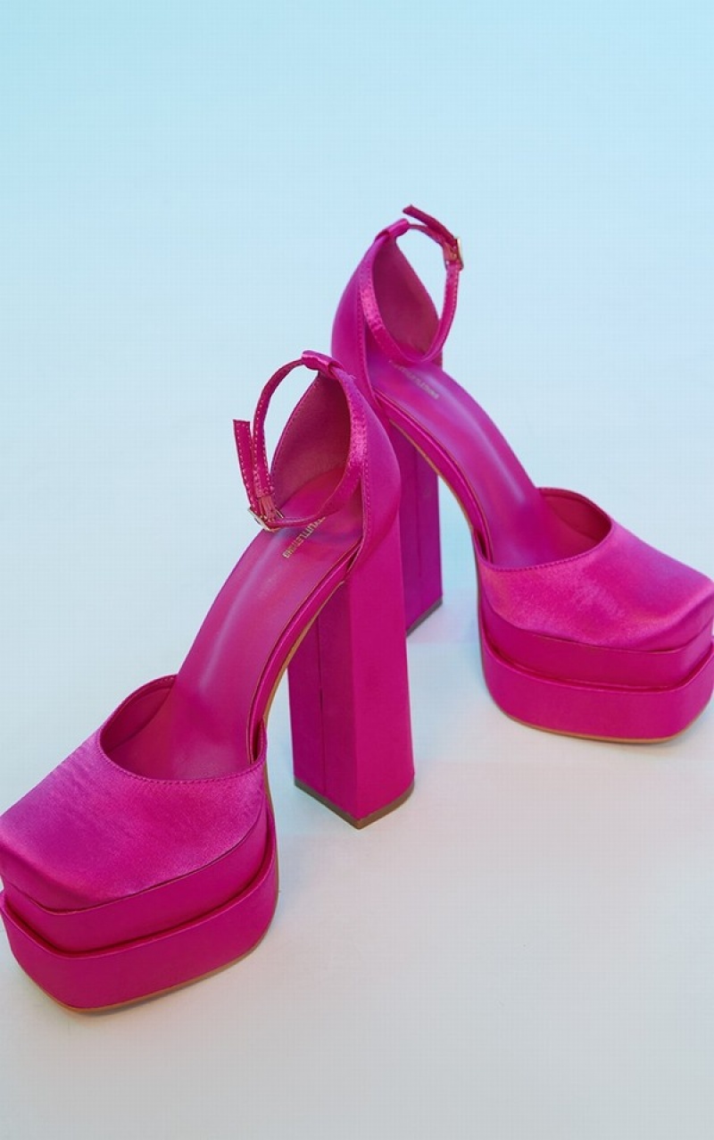 Pink Pretty Little Thing Satin Square Toe Double Platform Heels | XUTWVGK-26