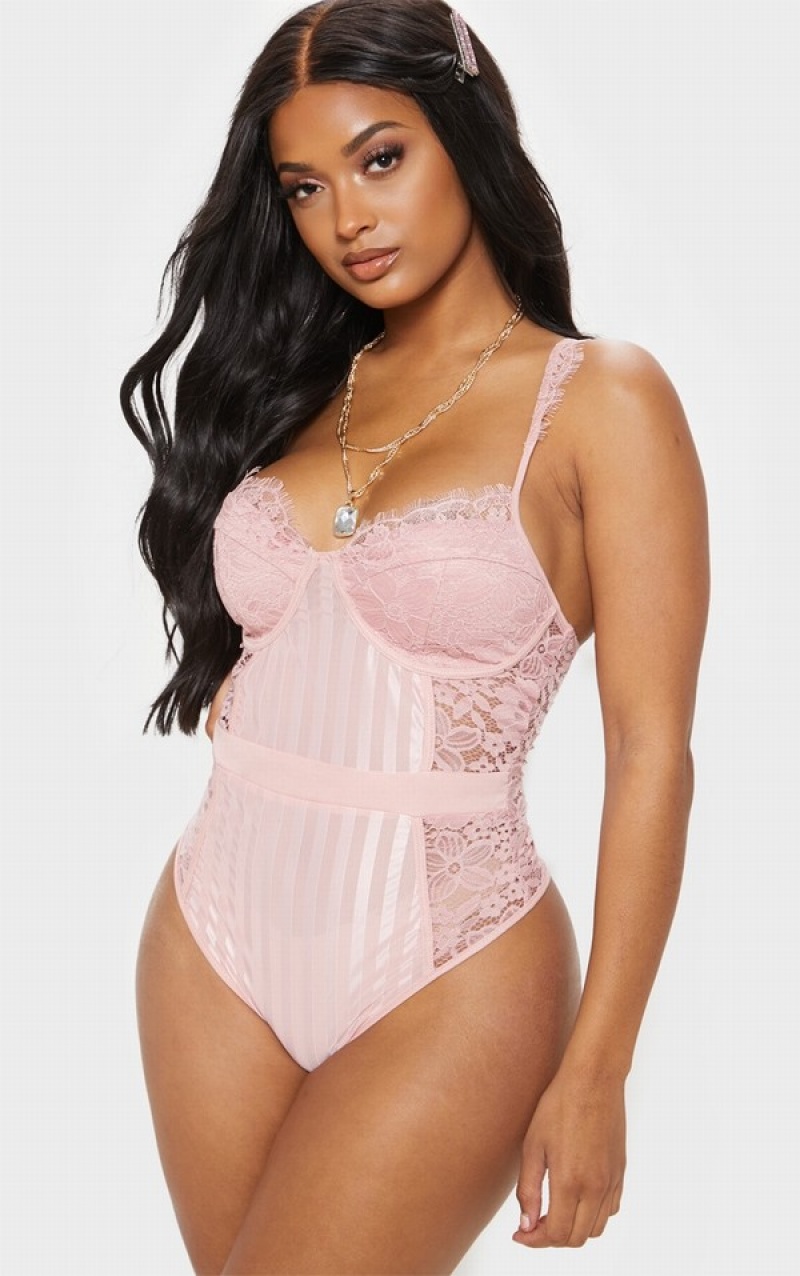 Pink Pretty Little Thing Shape Dusty Lace Mesh Stripe Bodysuits | HEZBFIM-70