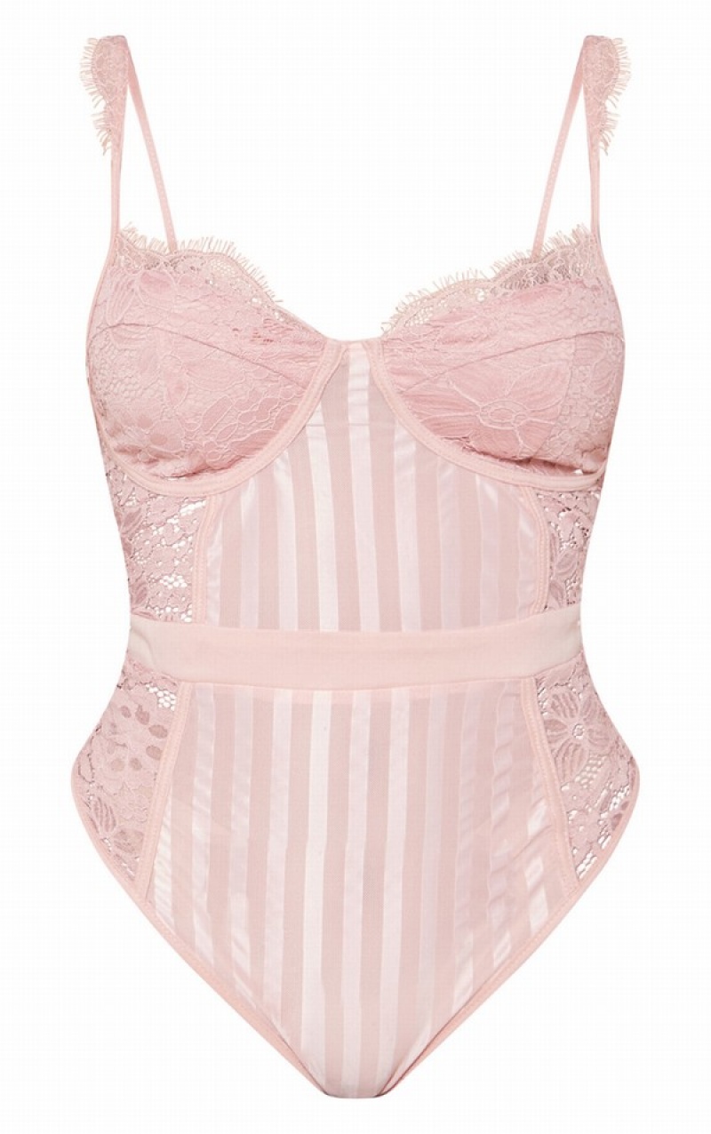 Pink Pretty Little Thing Shape Dusty Lace Mesh Stripe Bodysuits | HEZBFIM-70