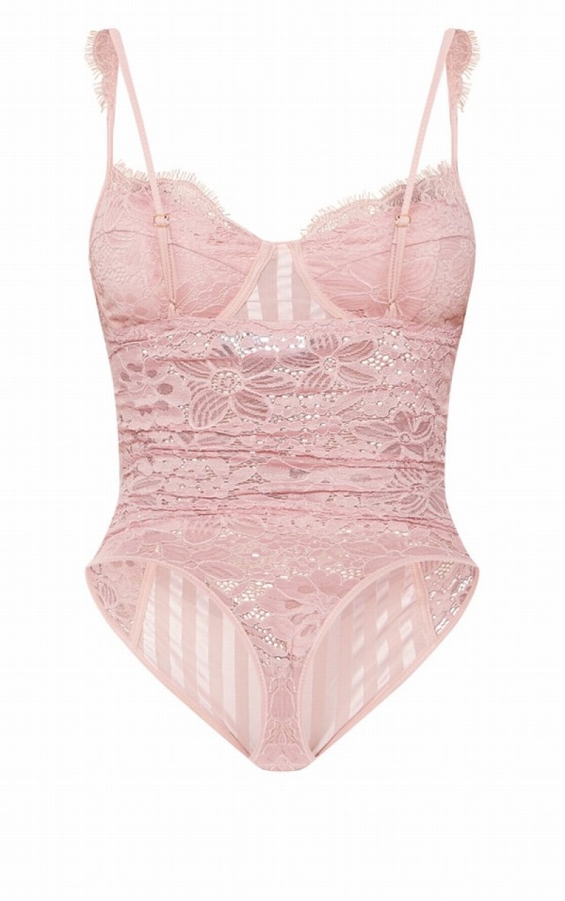 Pink Pretty Little Thing Shape Dusty Lace Mesh Stripe Bodysuits | HEZBFIM-70