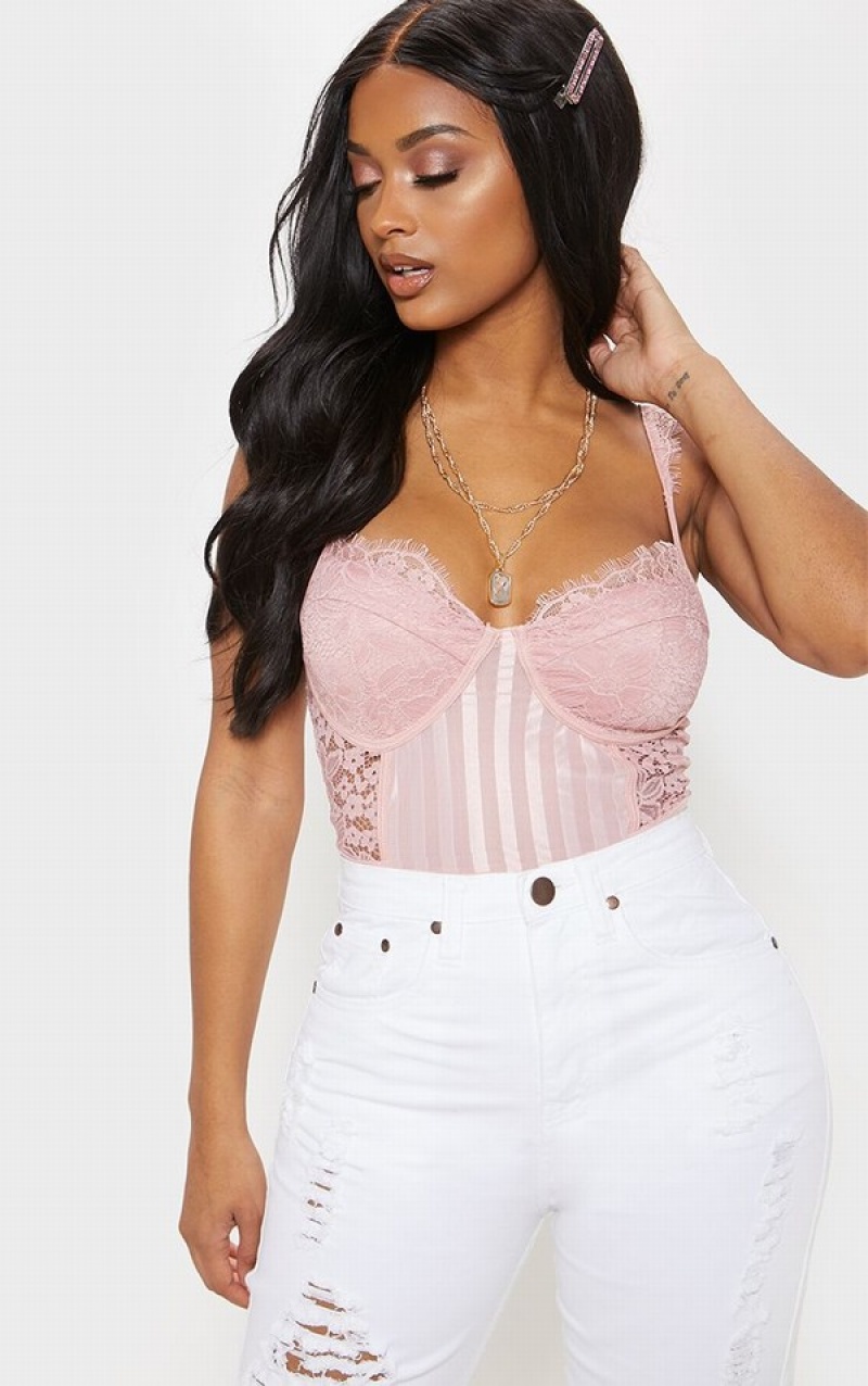 Pink Pretty Little Thing Shape Dusty Lace Mesh Stripe Bodysuits | HEZBFIM-70