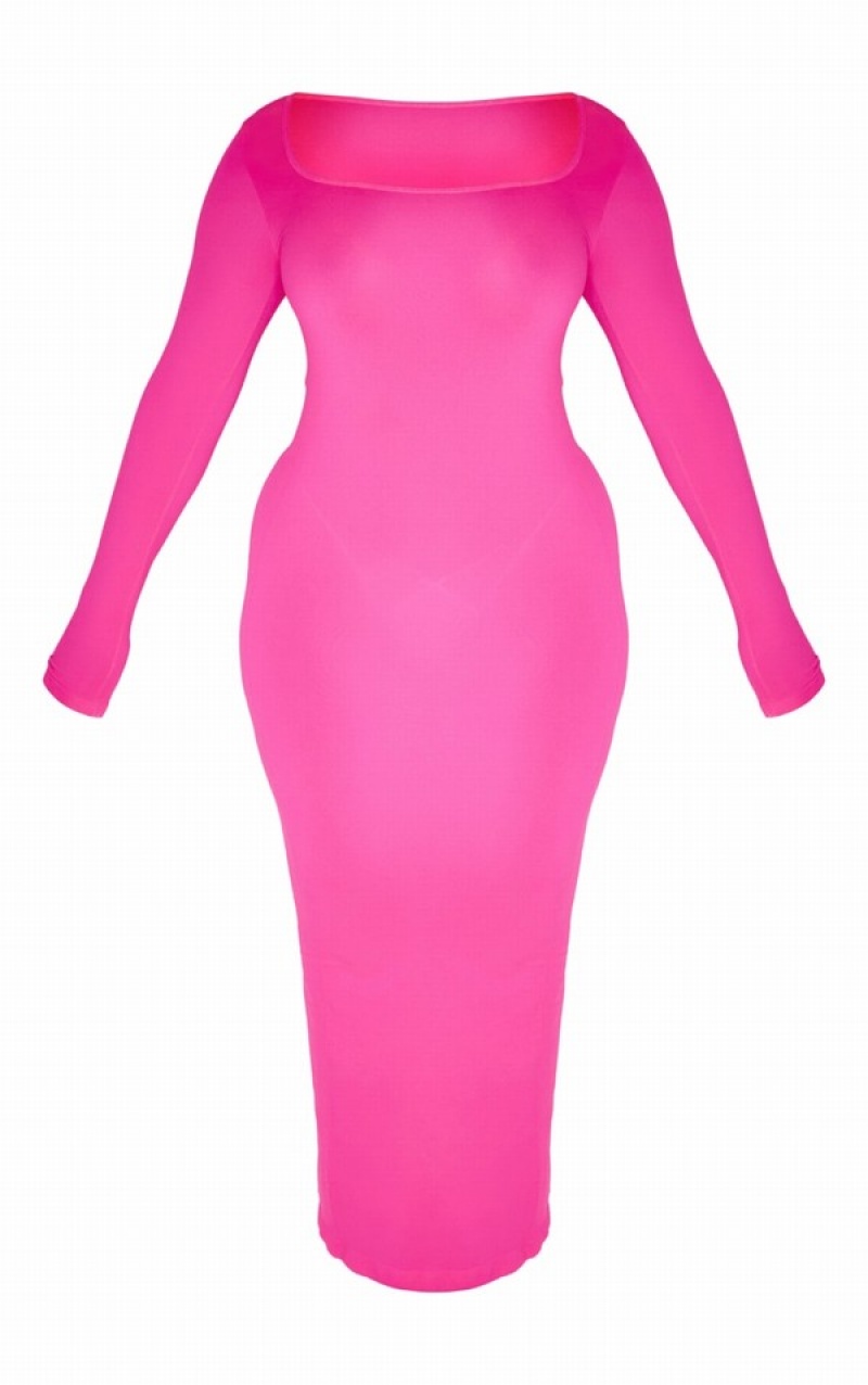 Pink Pretty Little Thing Shape Hot Stretch Seamless Long Sleeve Maxi Dresses | SYXALEN-92