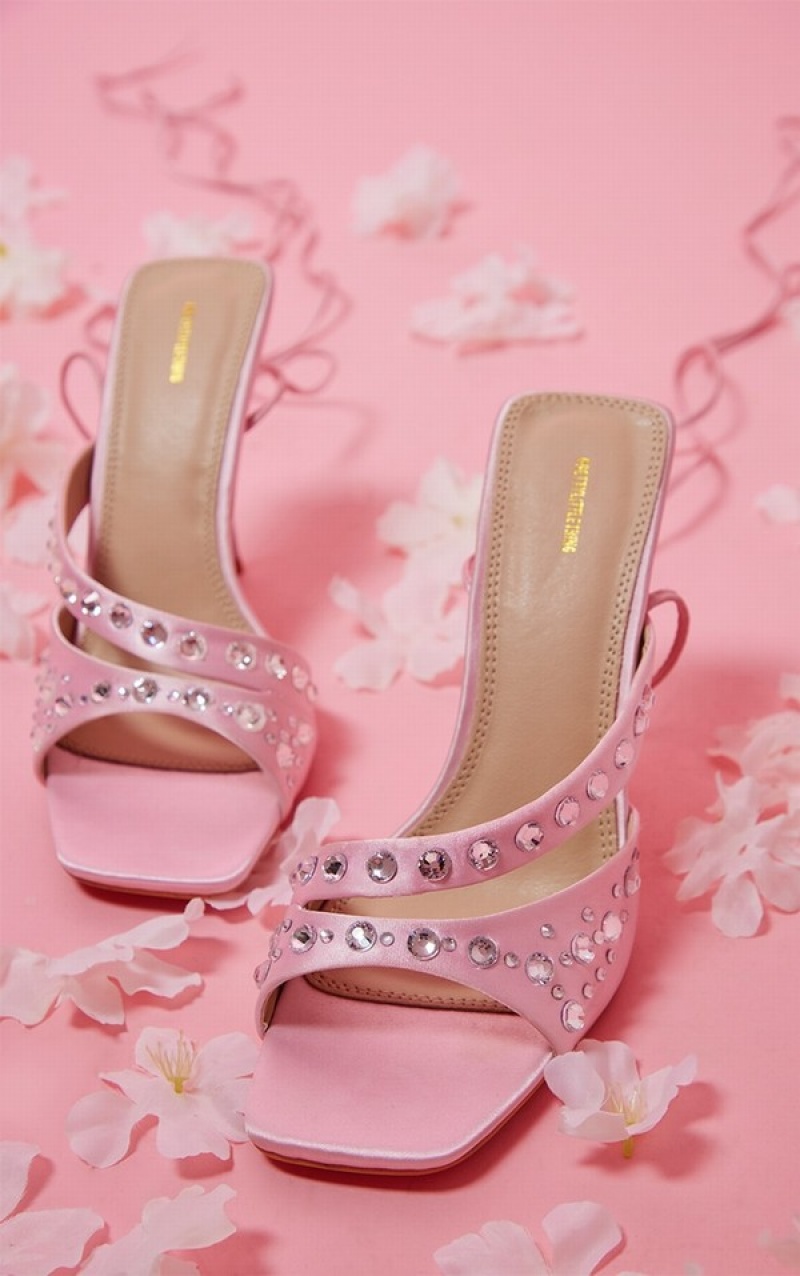 Pink Pretty Little Thing Square Toe Diamante Studded Strap Lace Up Heels | FVZDQCH-73