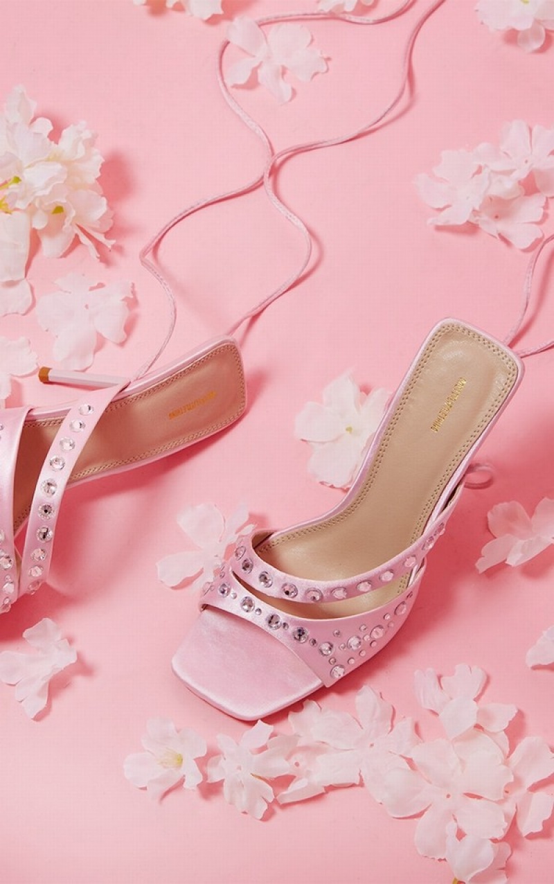 Pink Pretty Little Thing Square Toe Diamante Studded Strap Lace Up Heels | FVZDQCH-73