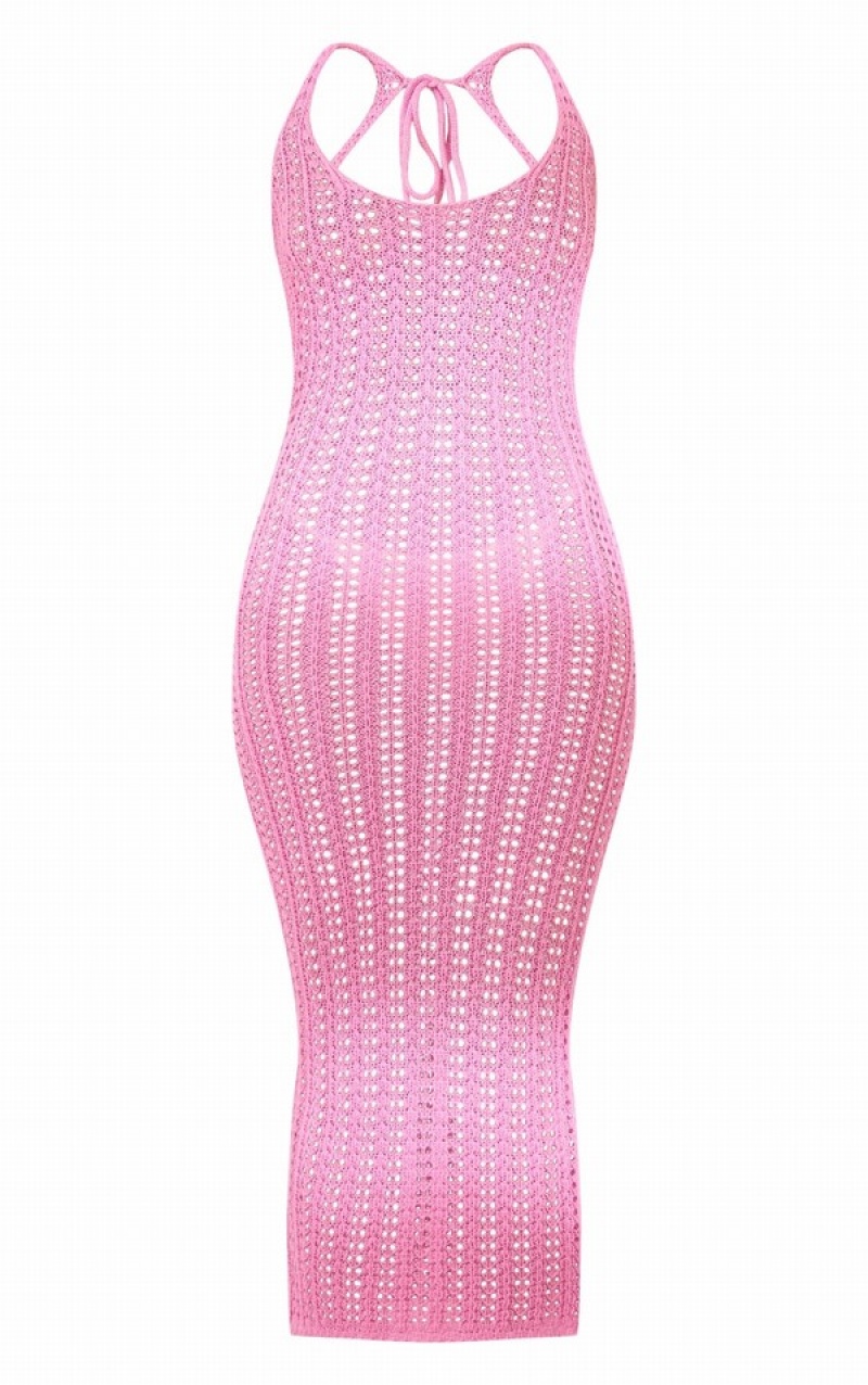 Pink Pretty Little Thing Strappy Crochet Maxi Dresses | PMHALTW-49