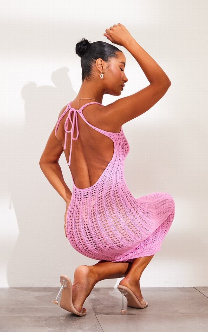 Pink Pretty Little Thing Strappy Crochet Maxi Dresses | PMHALTW-49