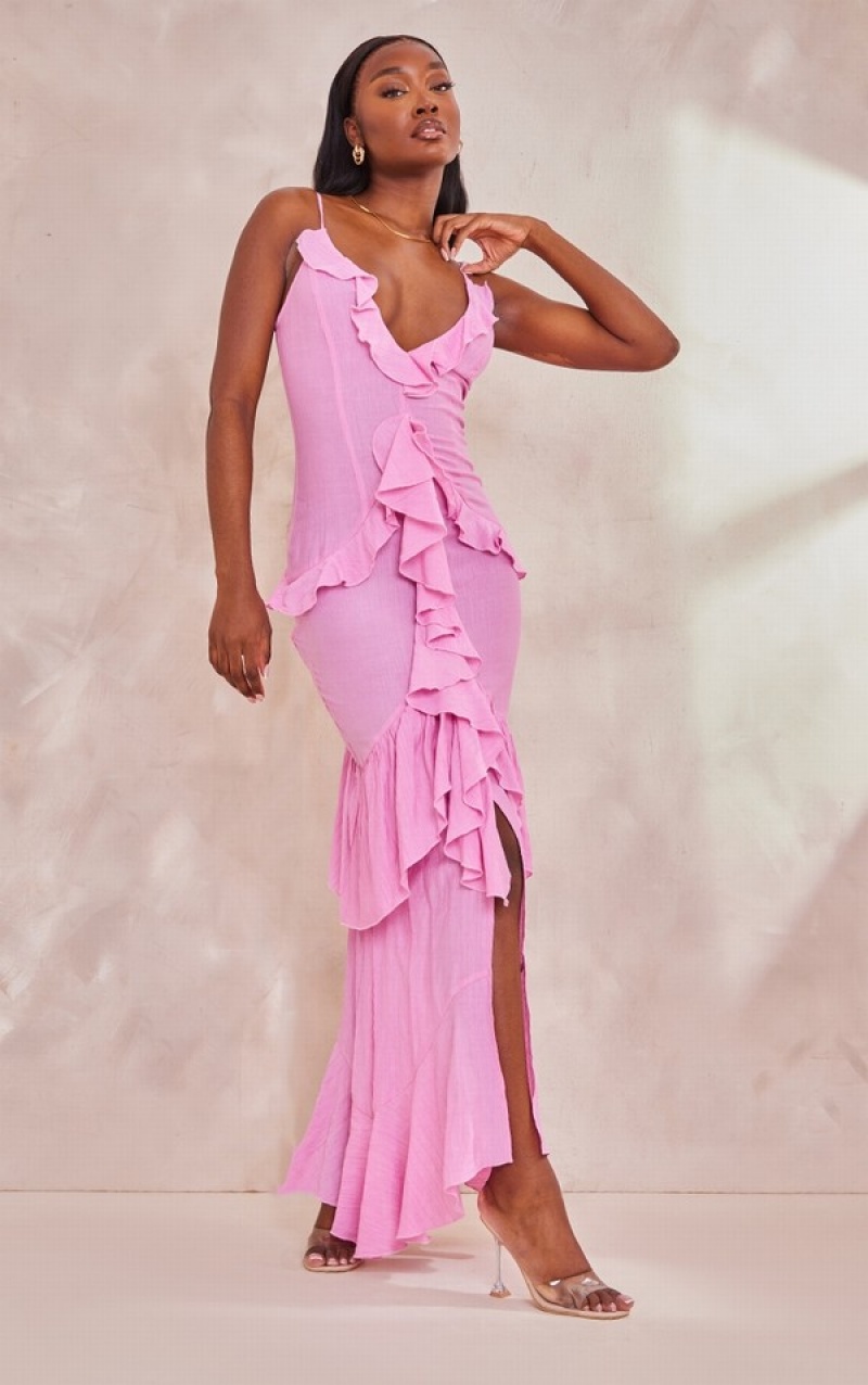 Pink Pretty Little Thing Tall TextuFrill Maxi Dresses | ZXITRMV-42