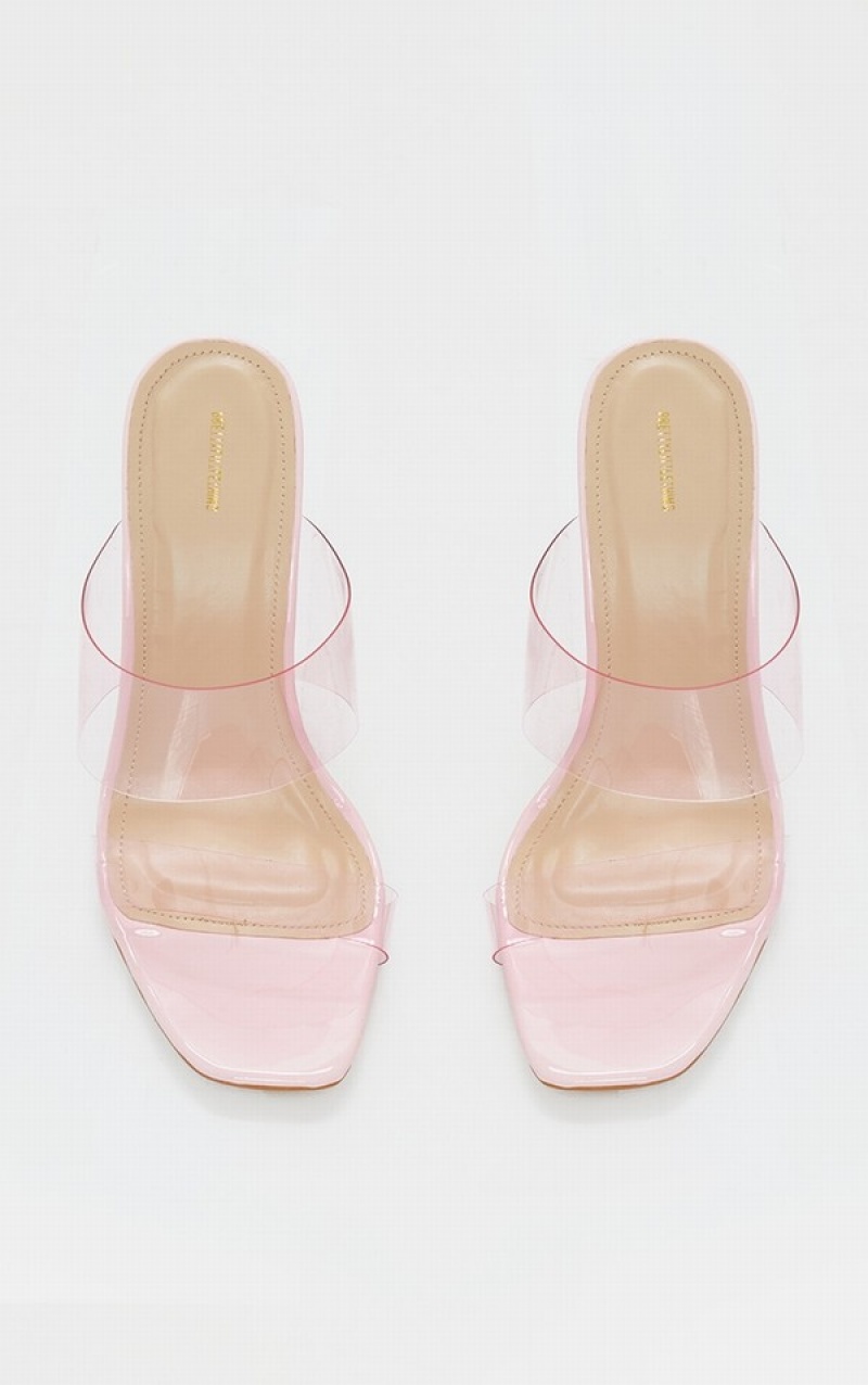 Pink Pretty Little Thing Wide Fit Tinted Clear Twin Straps Heels | SQYIPLW-19