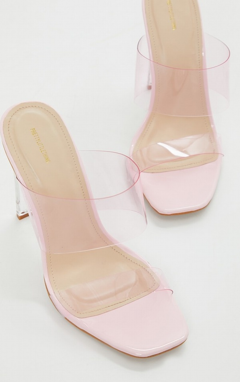 Pink Pretty Little Thing Wide Fit Tinted Clear Twin Straps Heels | SQYIPLW-19