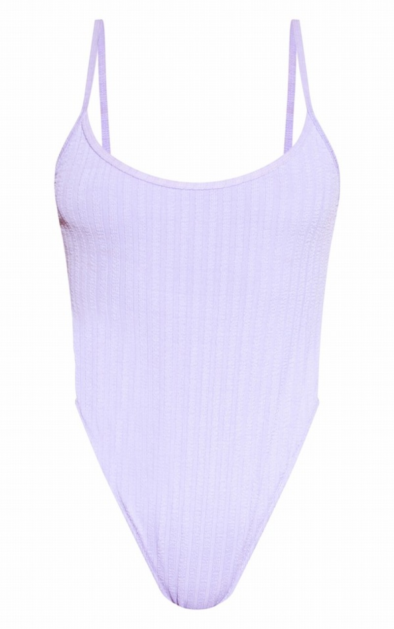 Purple Pretty Little Thing Crinkle Stripe Scoop Neck Swimsuits | MZNRAUS-25