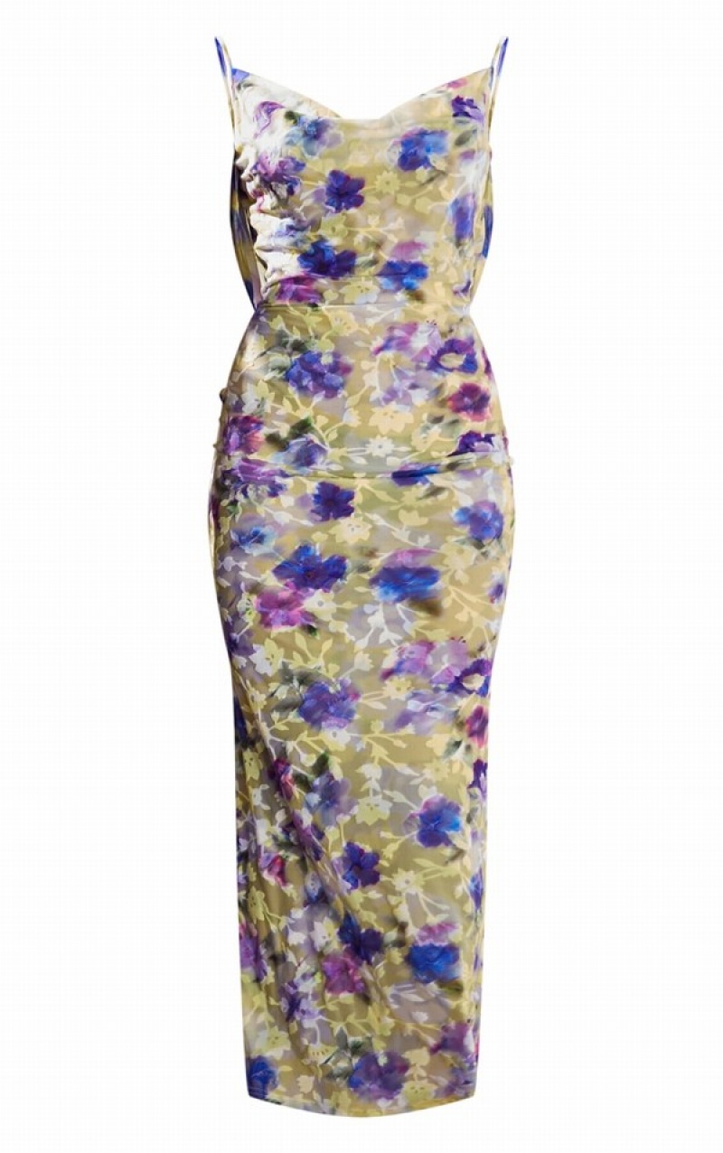 Purple Pretty Little Thing Floral Print Flocked Mesh Cowl Maxi Dresses | MKVIFWZ-60