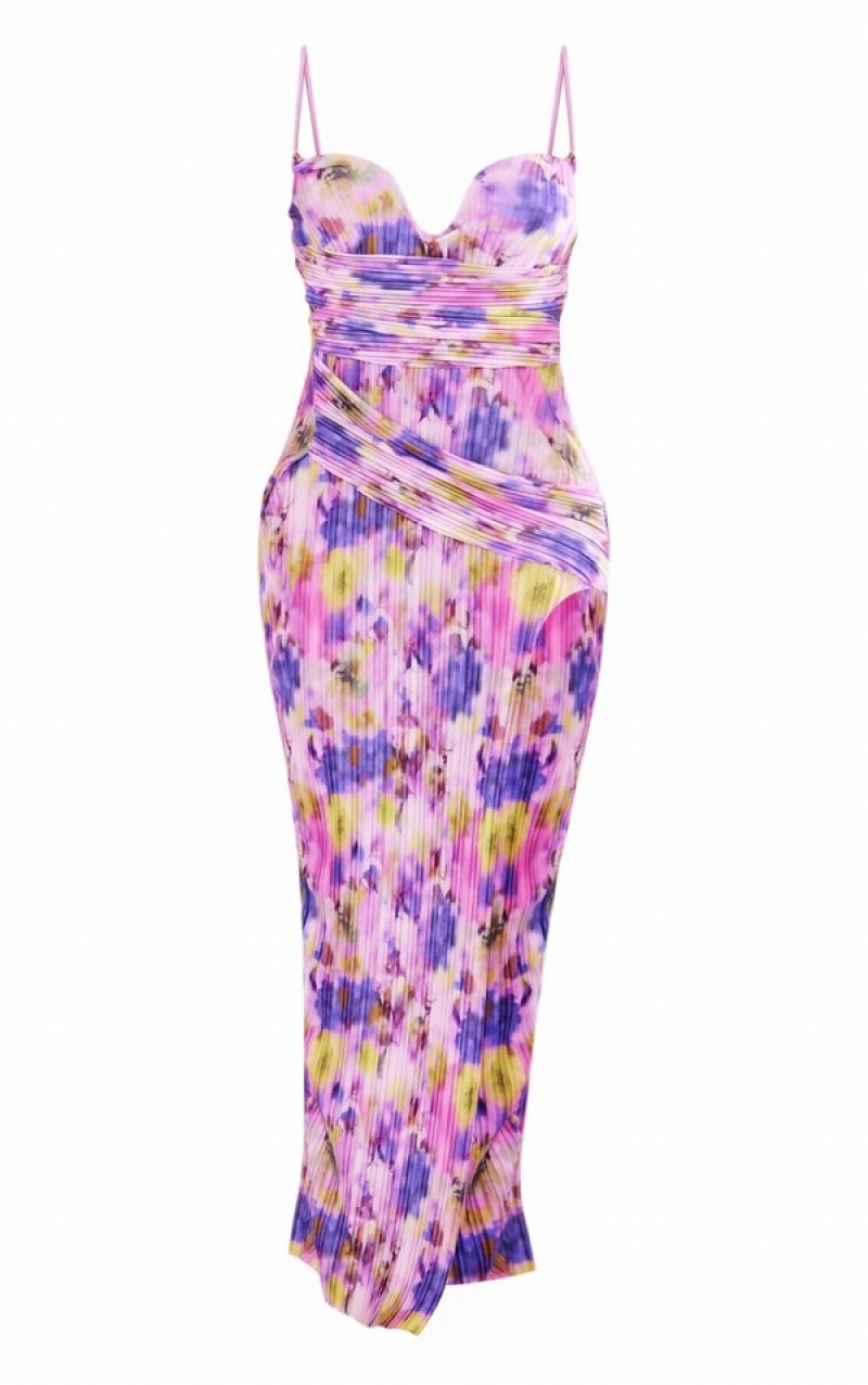 Purple Pretty Little Thing Floral Printed Plisse WiPlunge Overlapping Maxi Dresses | LQAMBIF-64