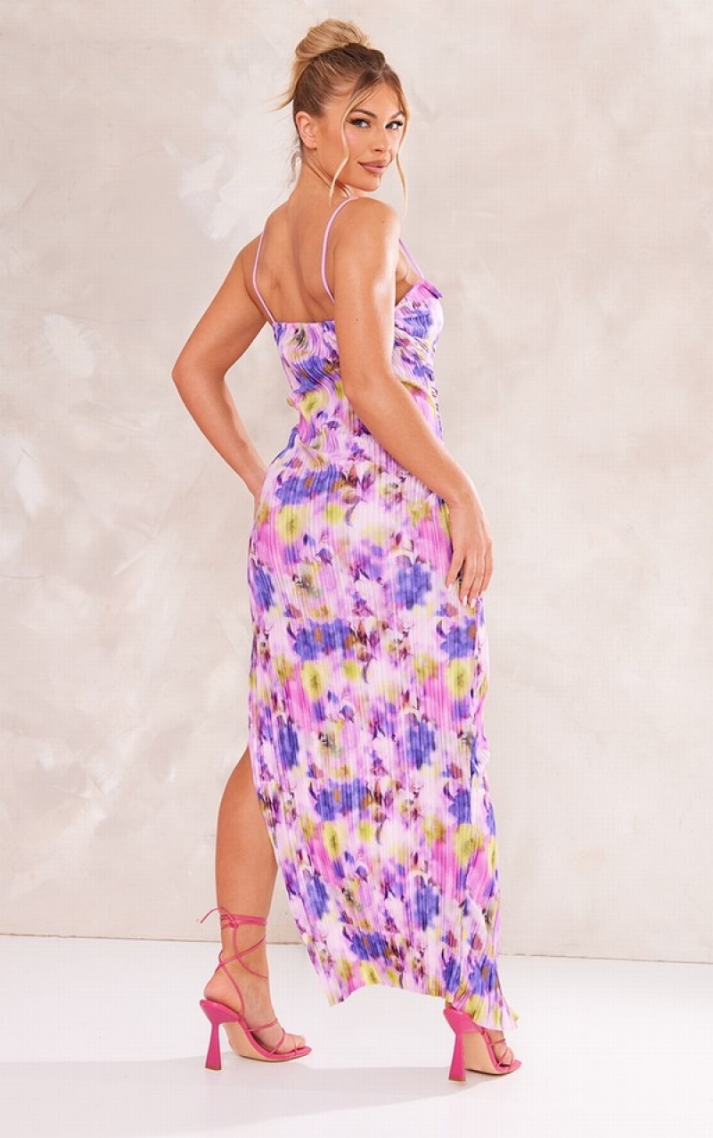 Purple Pretty Little Thing Floral Printed Plisse WiPlunge Overlapping Maxi Dresses | LQAMBIF-64