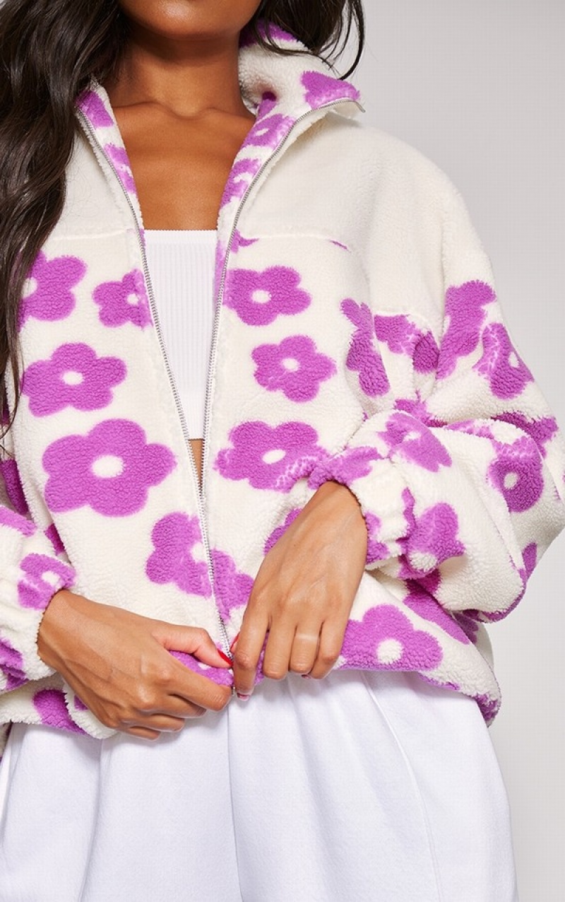 Purple Pretty Little Thing Flower Print Teddy Jackets | XQRBVPA-90