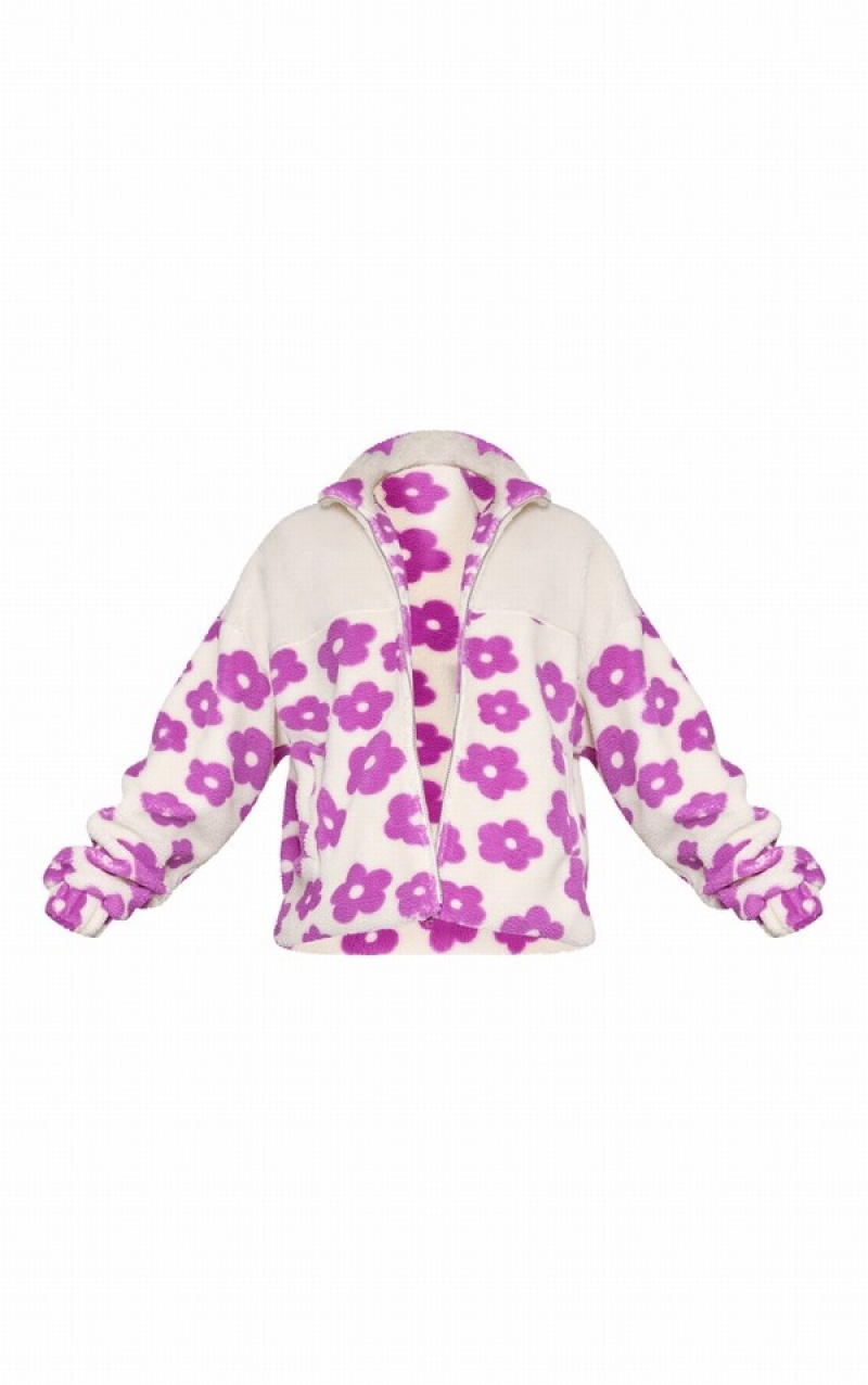 Purple Pretty Little Thing Flower Print Teddy Jackets | XQRBVPA-90