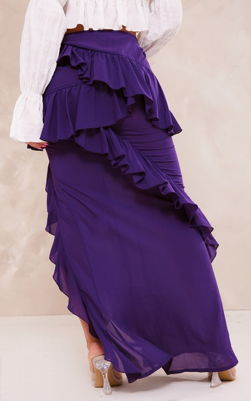 Purple Pretty Little Thing Frill Detail Split Thigh Maxi Skirts | XQDIWVH-45