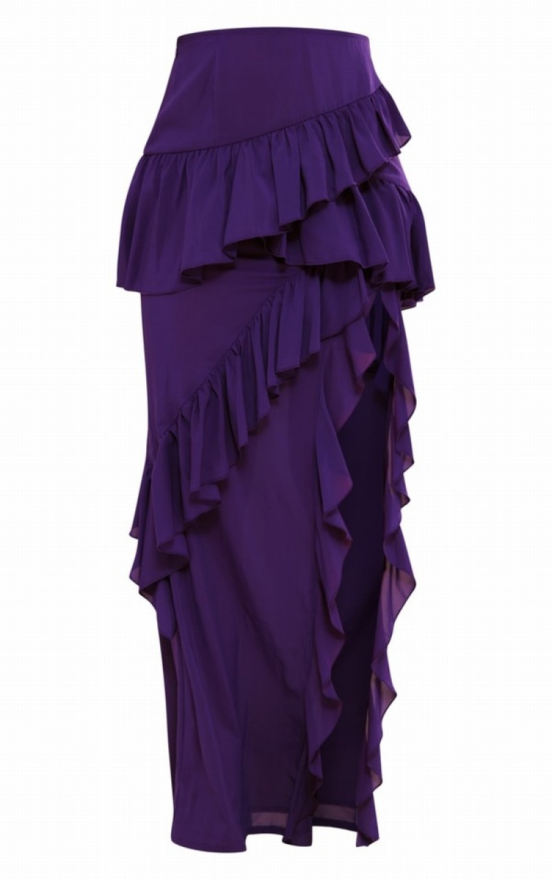 Purple Pretty Little Thing Frill Detail Split Thigh Maxi Skirts | XQDIWVH-45