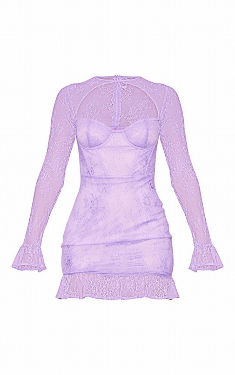 Purple Pretty Little Thing Lace Frill Cuff Corset Detail Bodycon Dresses | HGCDQRY-87