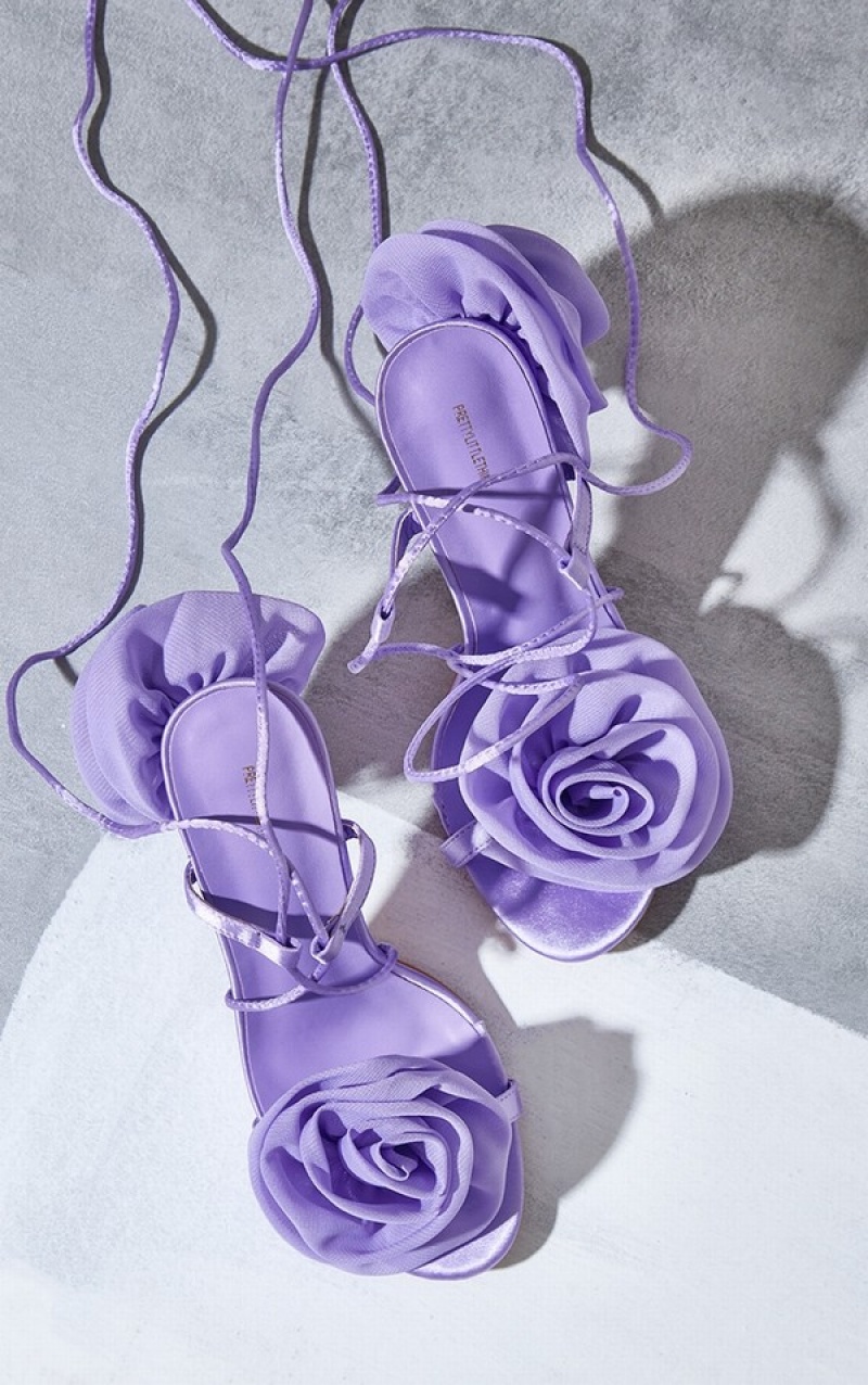 Purple Pretty Little Thing Lilac Satin Round Toe Corsage Lace Up High Heels | DUAPVBE-46