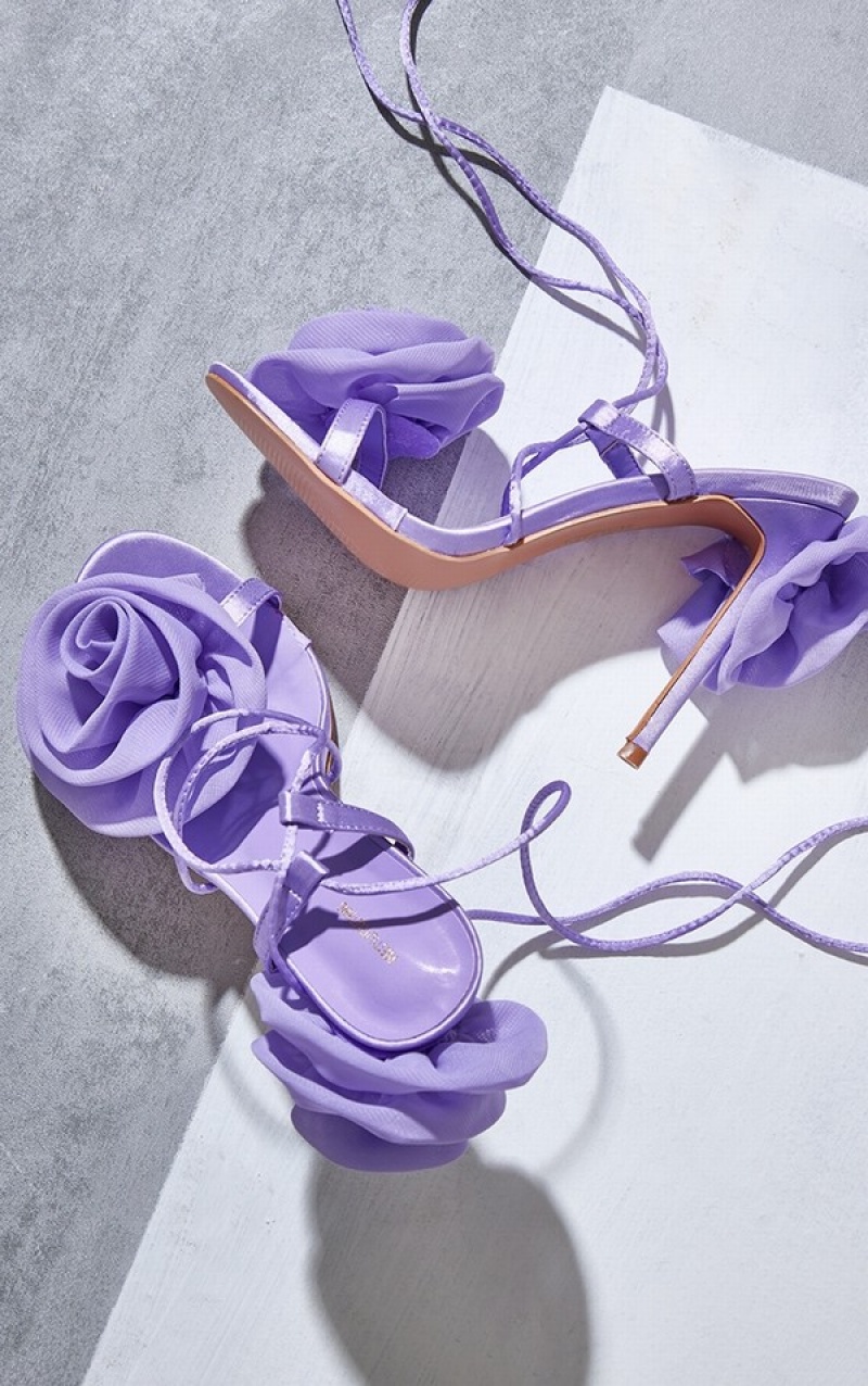 Purple Pretty Little Thing Lilac Satin Round Toe Corsage Lace Up High Heels | DUAPVBE-46