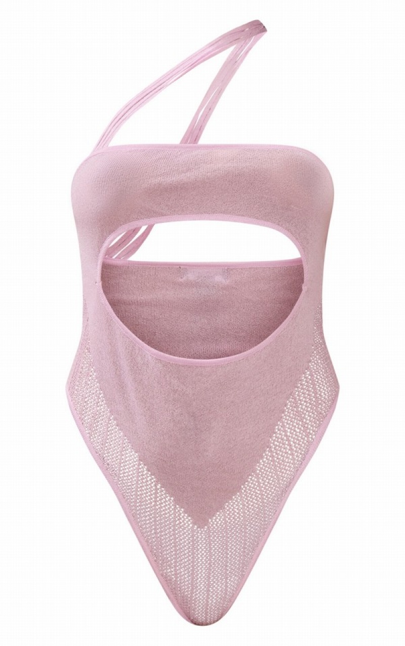 Purple Pretty Little Thing Lilac Sheer Knit Asymetric Straps Cut Out Bodysuits | XDEIPUT-72