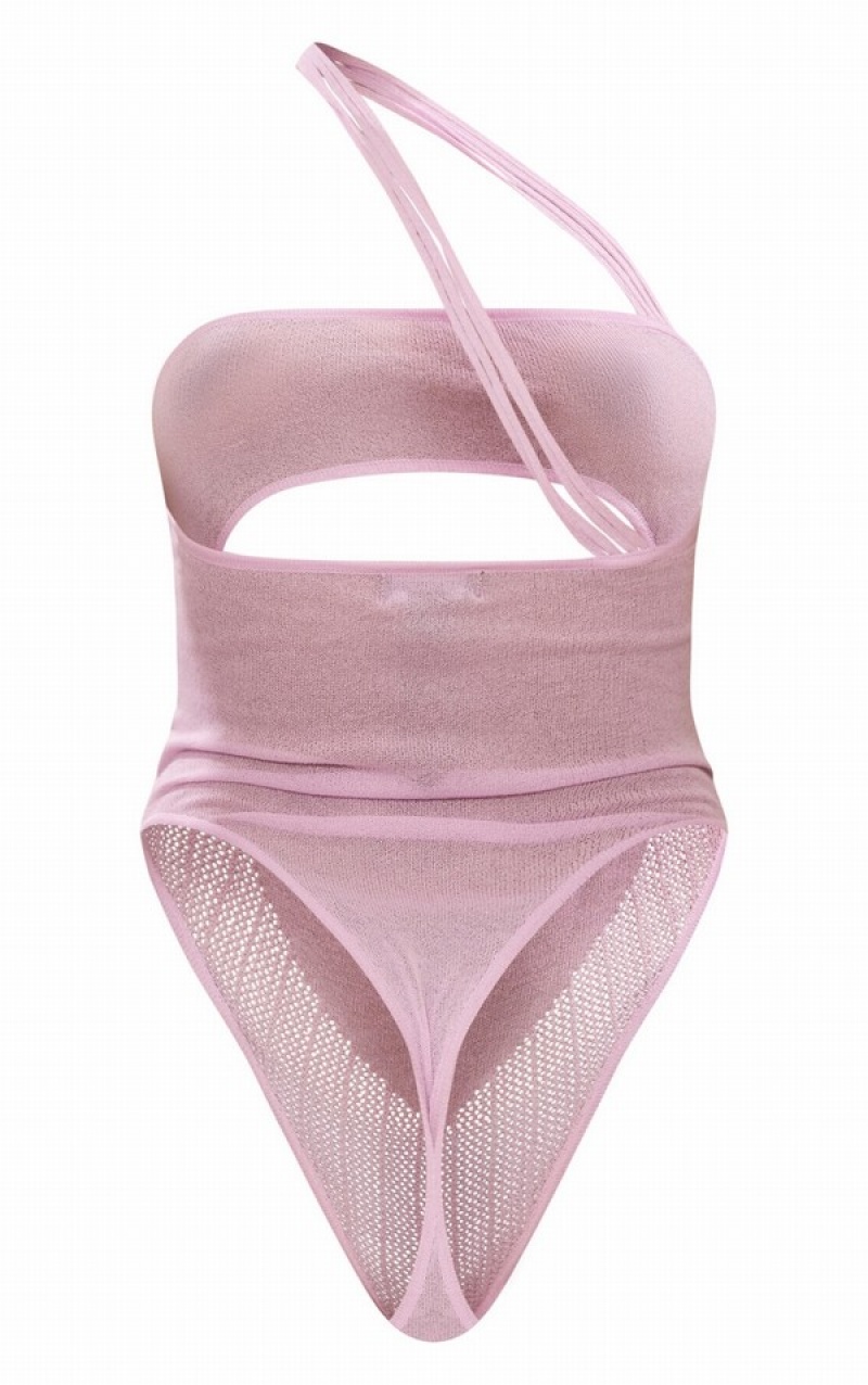 Purple Pretty Little Thing Lilac Sheer Knit Asymetric Straps Cut Out Bodysuits | XDEIPUT-72