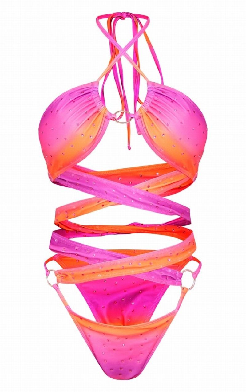 Purple Pretty Little Thing Ombre Diamante O-ring Cut Out Swimsuits | OQWBIHK-35