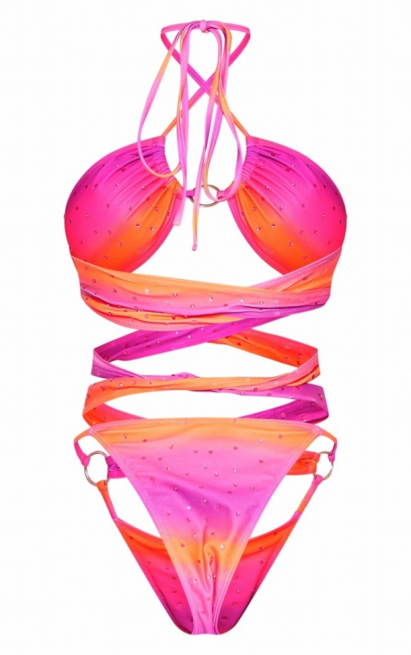 Purple Pretty Little Thing Ombre Diamante O-ring Cut Out Swimsuits | OQWBIHK-35