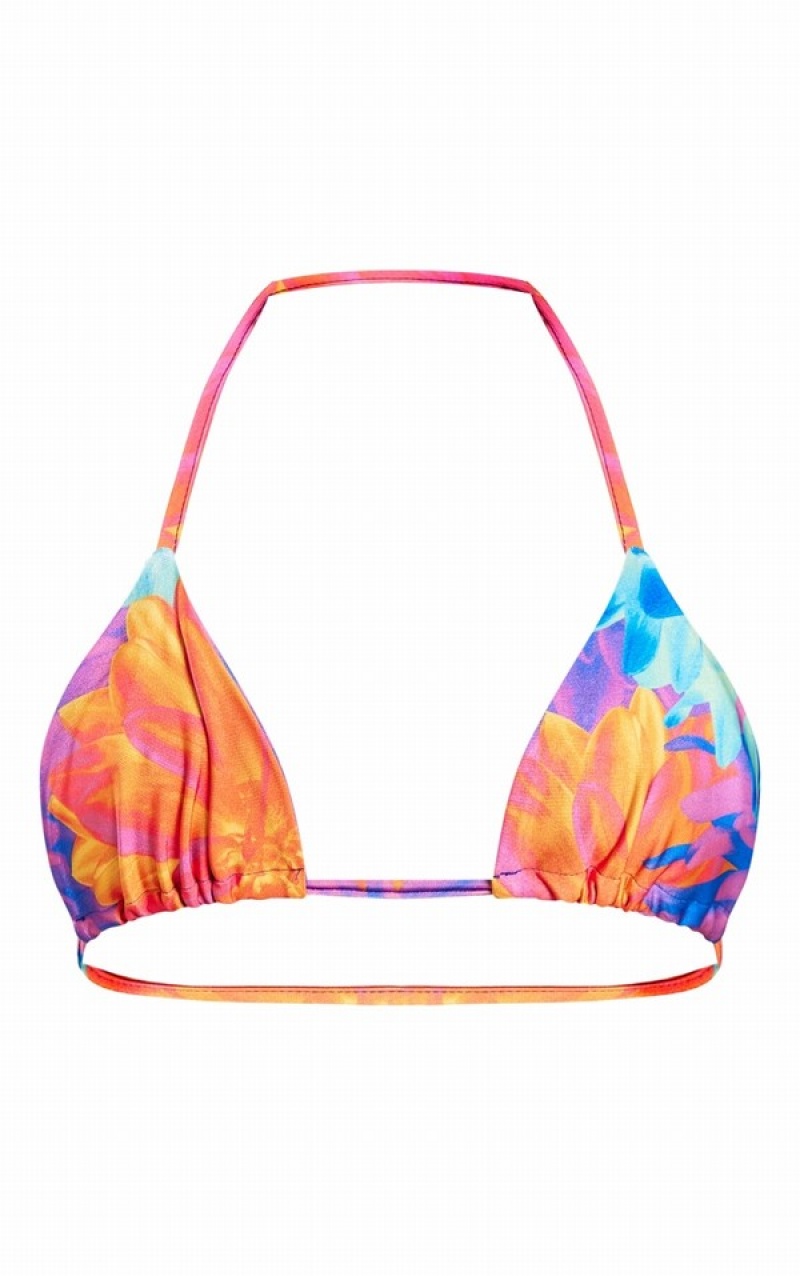 Purple Pretty Little Thing Oversized Floral Print Triangle Bikini Tops | LRCUWJP-62