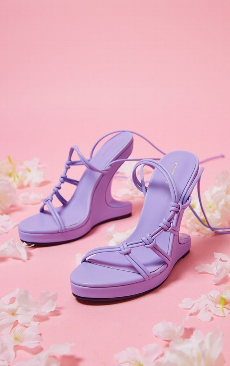 Purple Pretty Little Thing PU Curved Knot Lace Up Reverse Wedge Heels | GHNKQMU-52