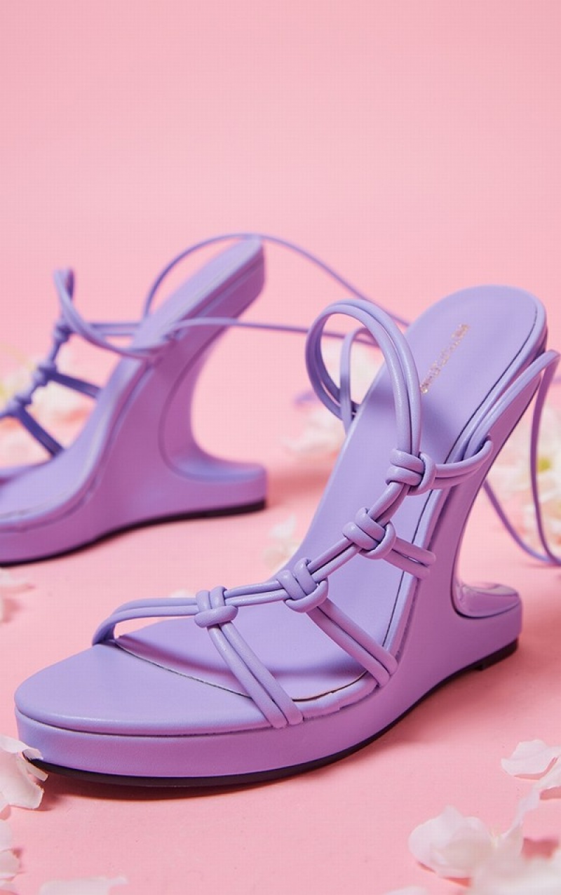 Purple Pretty Little Thing PU Curved Knot Lace Up Reverse Wedge Heels | GHNKQMU-52