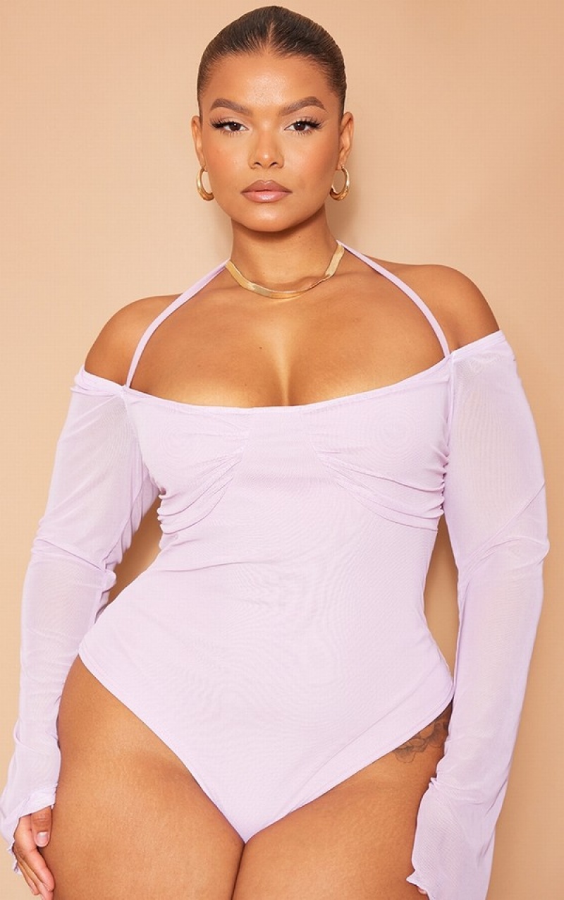 Purple Pretty Little Thing Plus Lilac Mesh Sleeve Halter Neck Bodysuits | GCXENZH-98