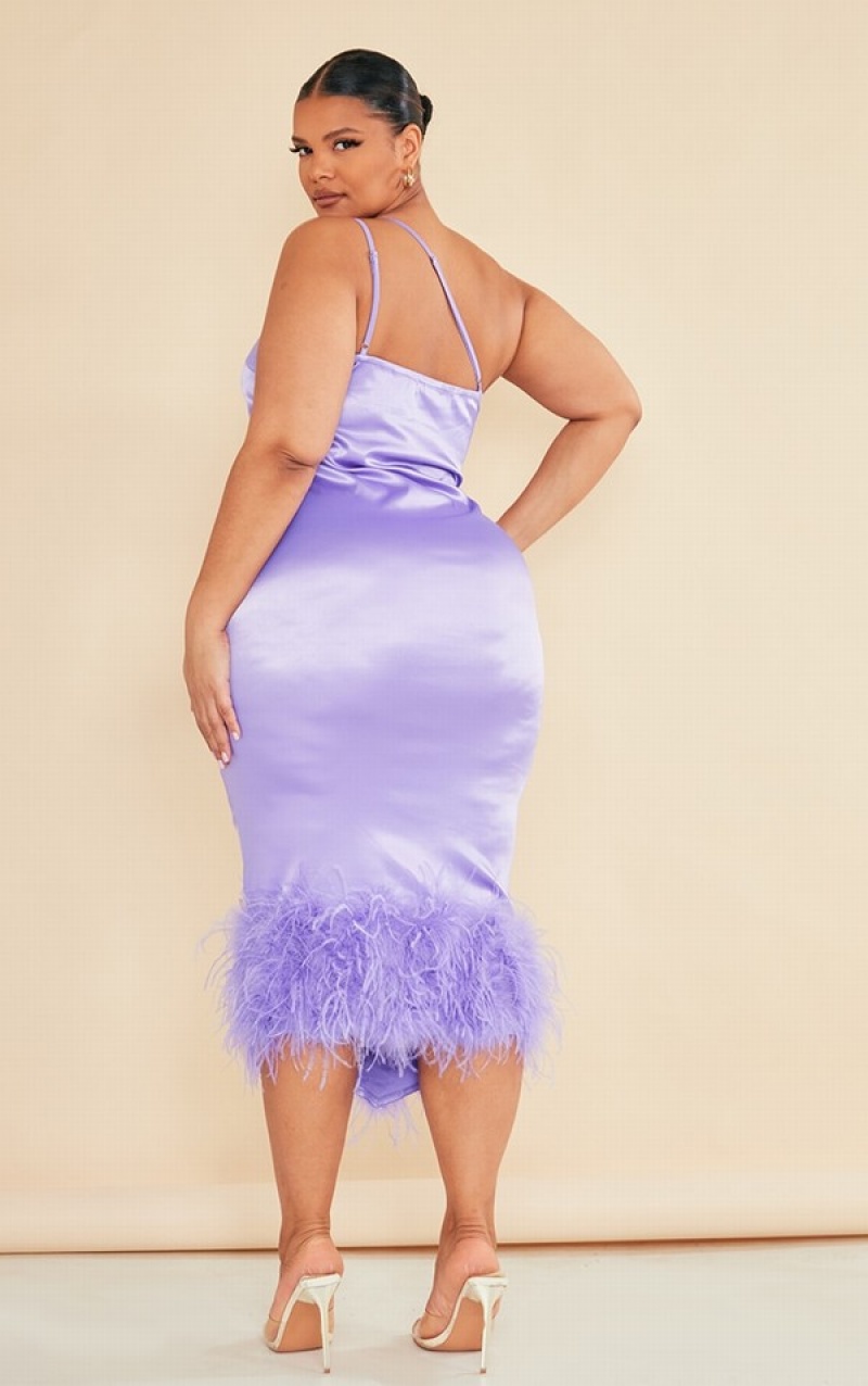 Purple Pretty Little Thing Plus Lilac Satin Feather Trim One Shoulder Dresses | SXBIKYZ-16