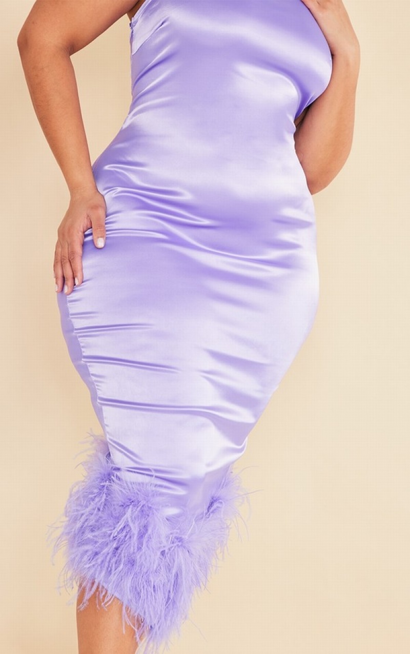 Purple Pretty Little Thing Plus Lilac Satin Feather Trim One Shoulder Dresses | SXBIKYZ-16