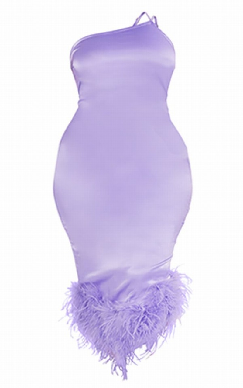 Purple Pretty Little Thing Plus Lilac Satin Feather Trim One Shoulder Dresses | SXBIKYZ-16