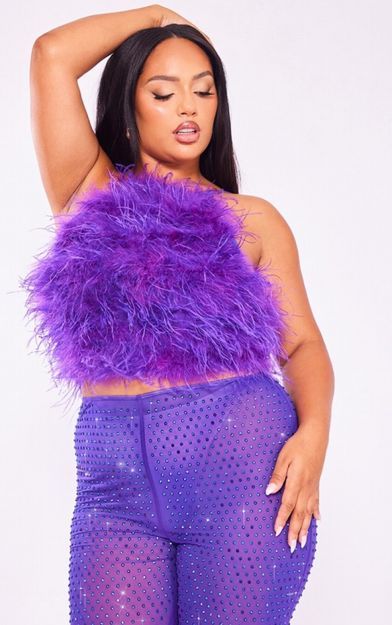 Purple Pretty Little Thing Premium Plus Feather Strappy Cross Back Bodysuits | MDJZPQO-08