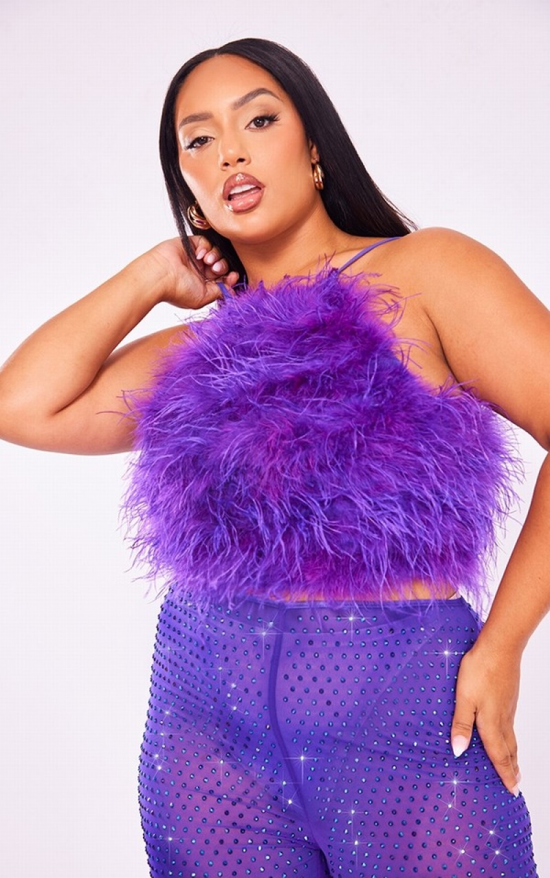 Purple Pretty Little Thing Premium Plus Feather Strappy Cross Back Bodysuits | MDJZPQO-08