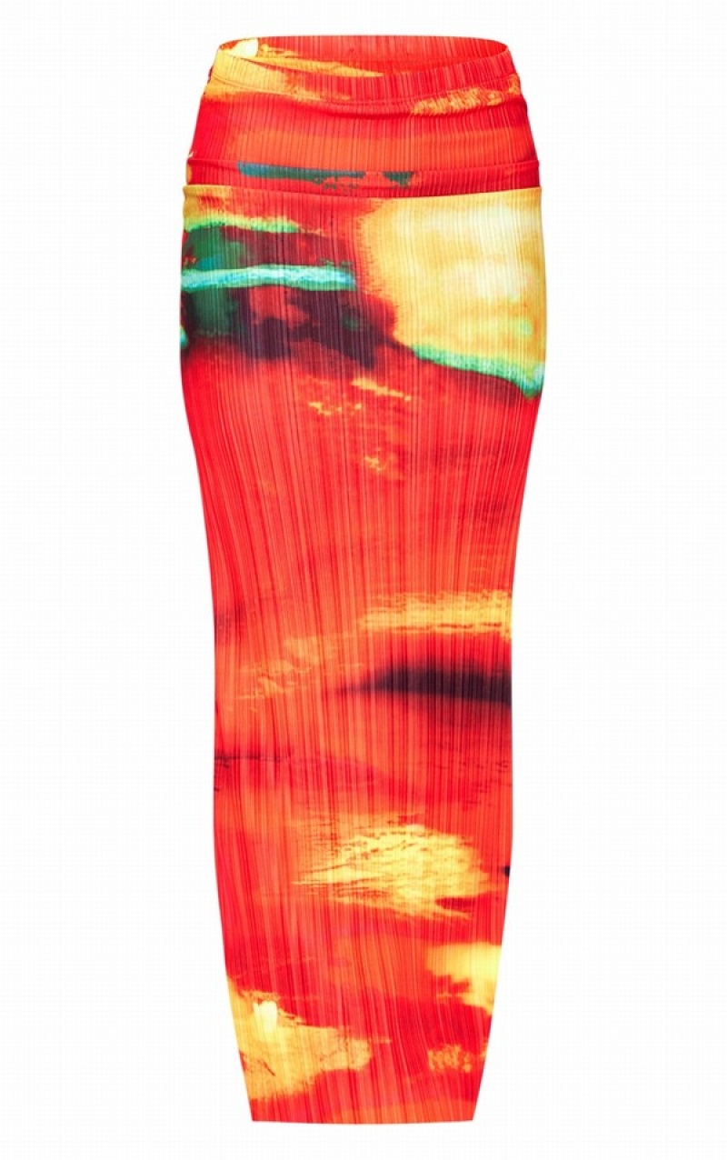 Red Pretty Little Thing Abstract Print Plisse Maxi Skirts | OWYXMGI-31