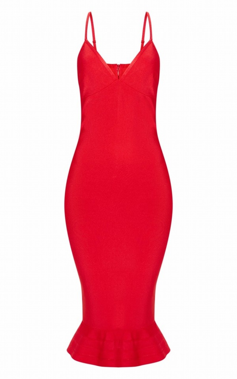 Red Pretty Little Thing Bandage Strappy Frill Hem Dresses | VCPHRZA-60