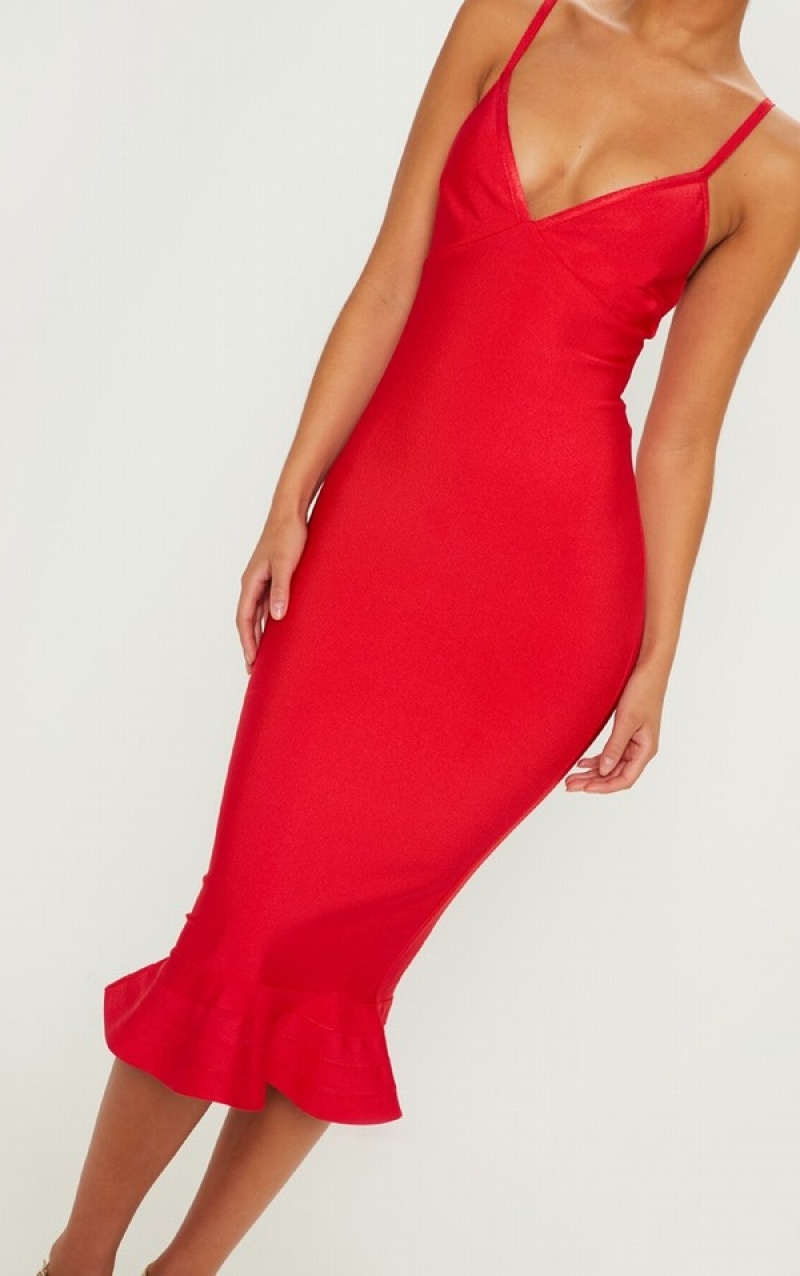 Red Pretty Little Thing Bandage Strappy Frill Hem Dresses | VCPHRZA-60