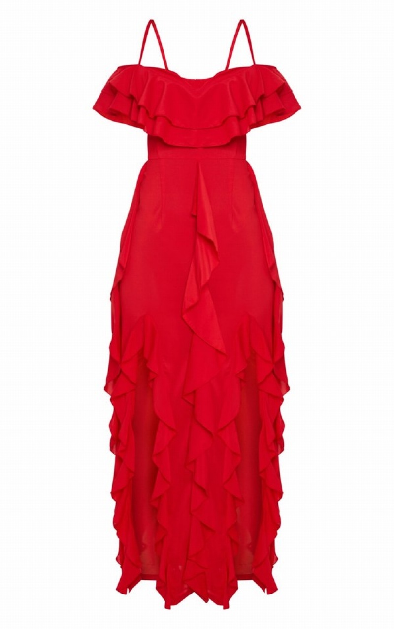 Red Pretty Little Thing Cold Shoulder Ruffle Detail Maxi Dresses | EZSQKWO-36