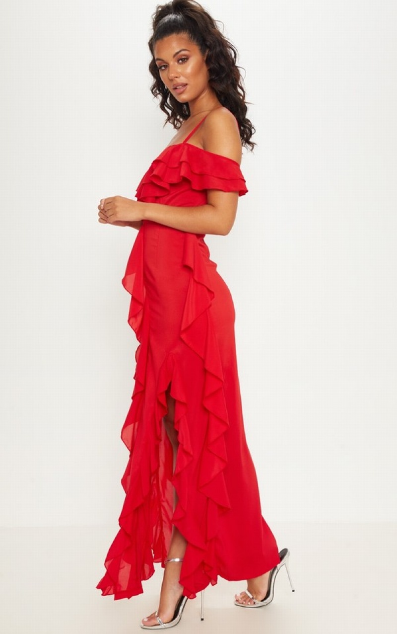 Red Pretty Little Thing Cold Shoulder Ruffle Detail Maxi Dresses | EZSQKWO-36