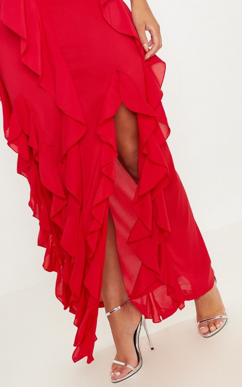 Red Pretty Little Thing Cold Shoulder Ruffle Detail Maxi Dresses | EZSQKWO-36