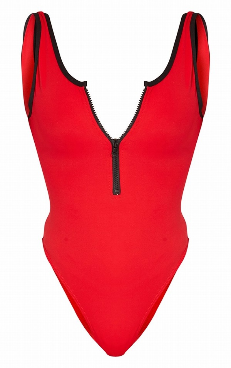 Red Pretty Little Thing Contrast Zip Front Scuba Swimsuits | QUVOPMY-46